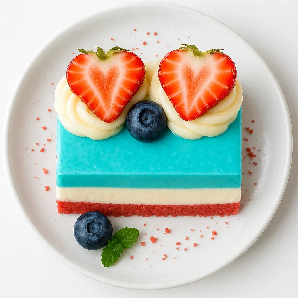 A slice of cake with strawberries and blueberries on it.