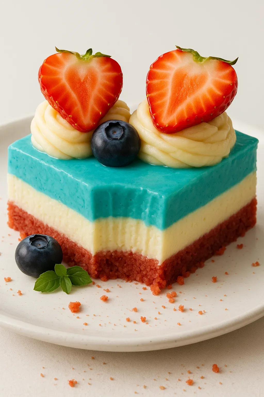 A slice of cake with strawberries and blueberries.