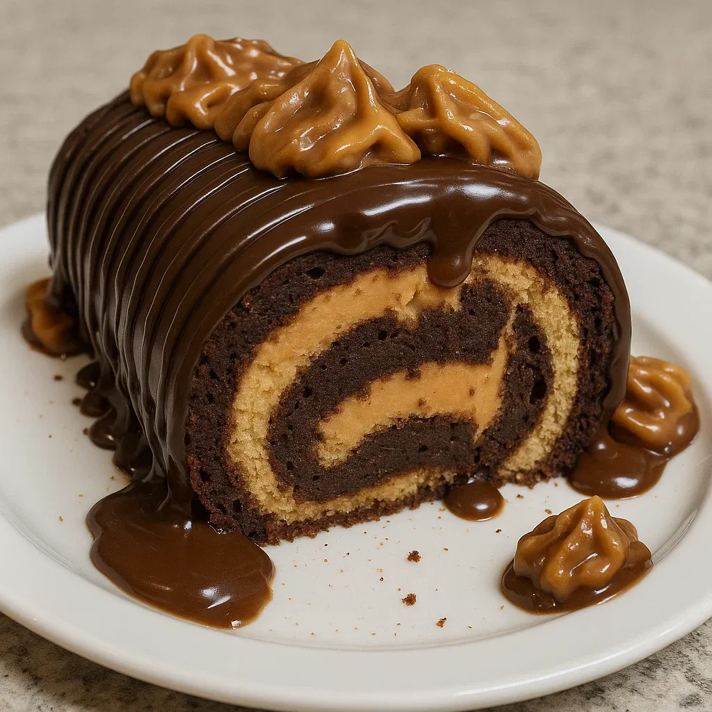 A chocolate cake with caramel drizzle.