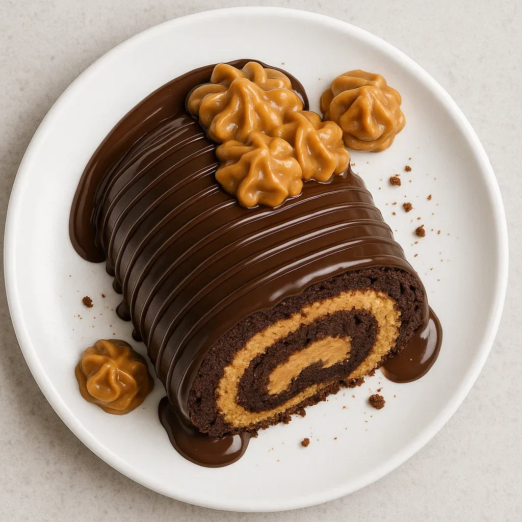 A chocolate cake with caramel drizzle.