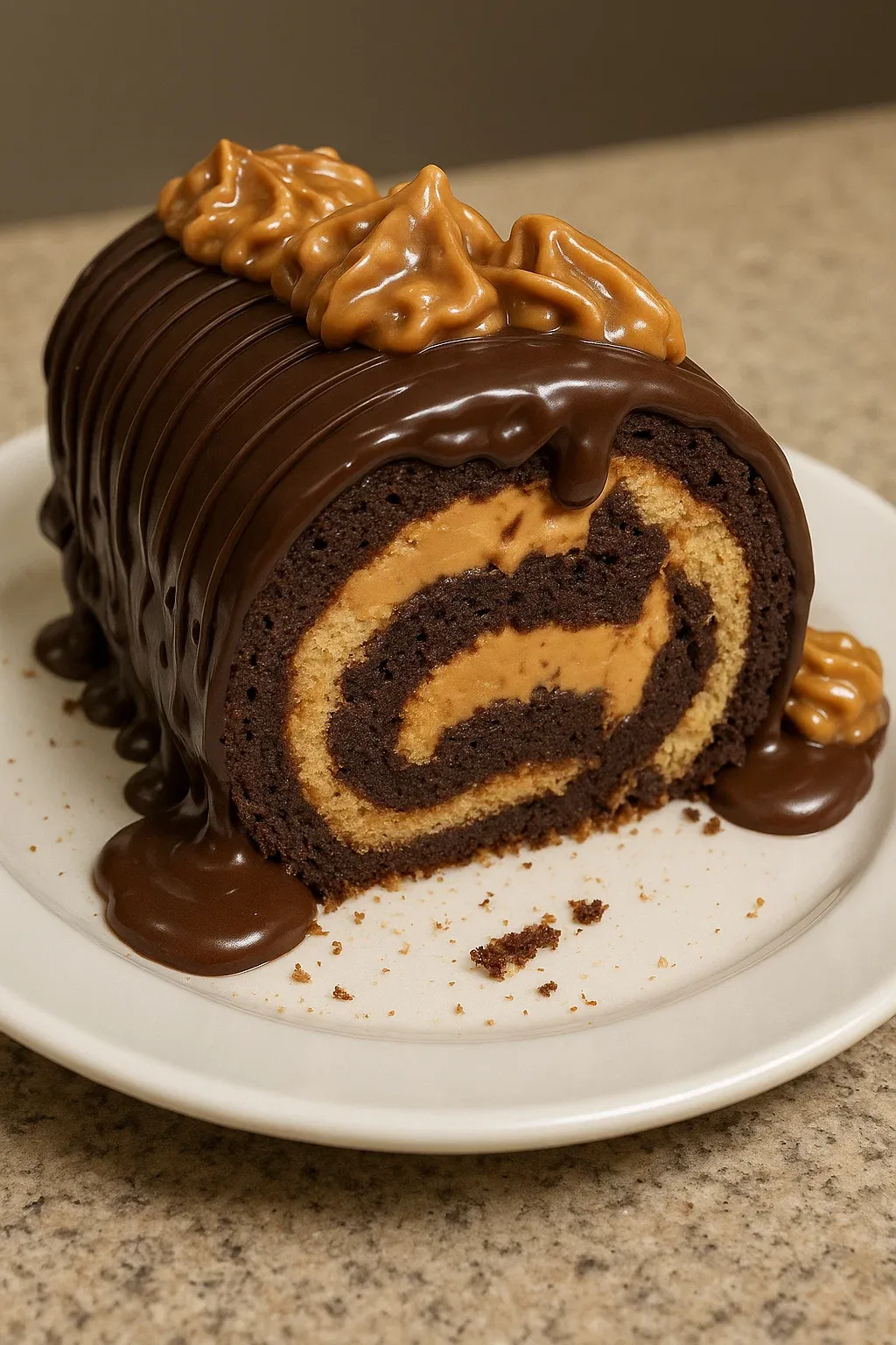 A chocolate cake with peanut butter and nuts on top.