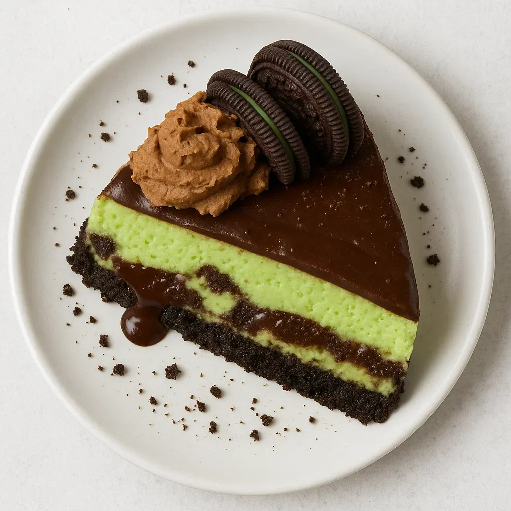 A slice of chocolate cake with a cookie on top.