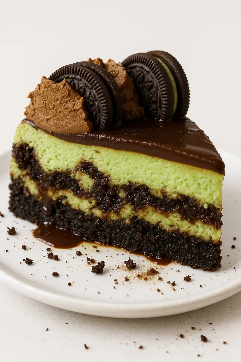 A slice of cake with chocolate and Oreo cookies on top.