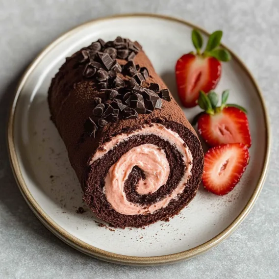 A chocolate cake with chocolate chips and pink frosting.
