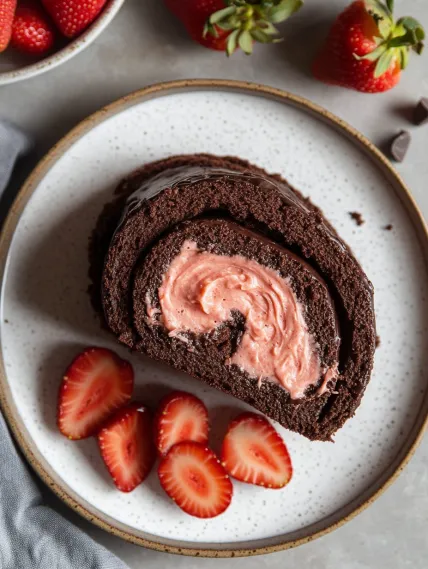 A chocolate cake with strawberries and whipped cream.