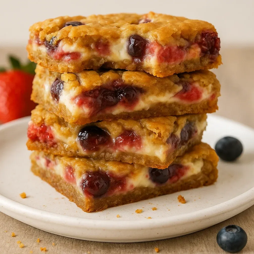 A stack of three blueberry and cheese bars.