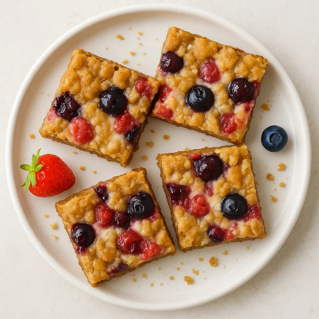 A plate of cake with blueberries on top.