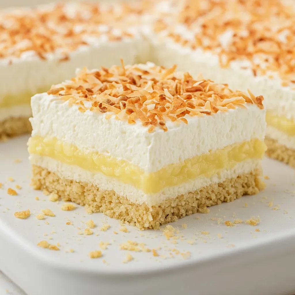 A slice of cake with coconut on top.