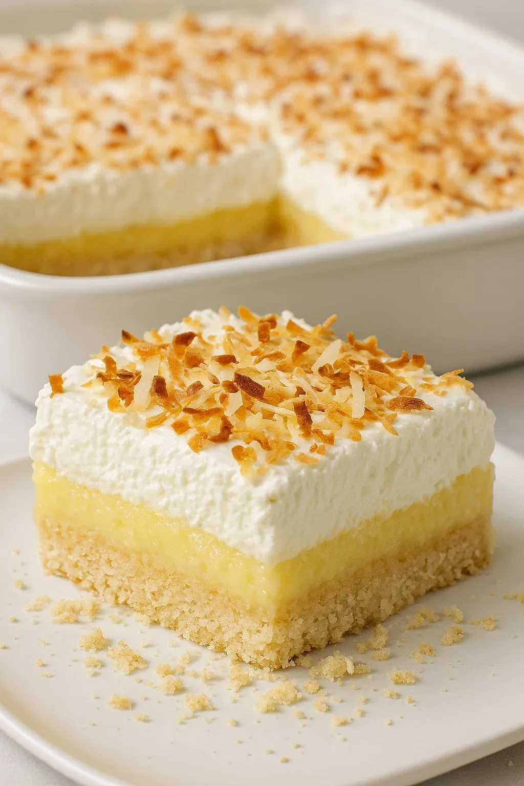 A slice of cake with coconut on top.