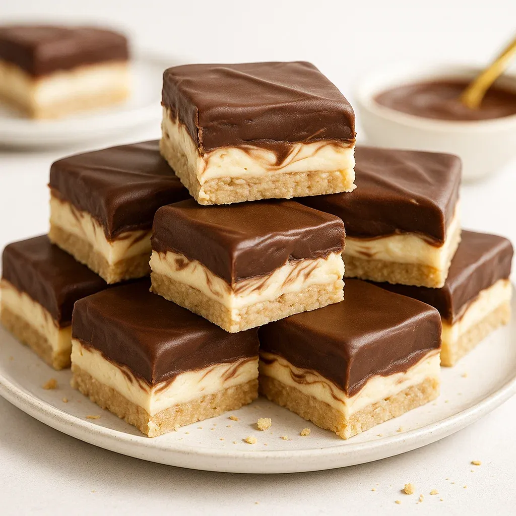A stack of chocolate and white dessert bars.