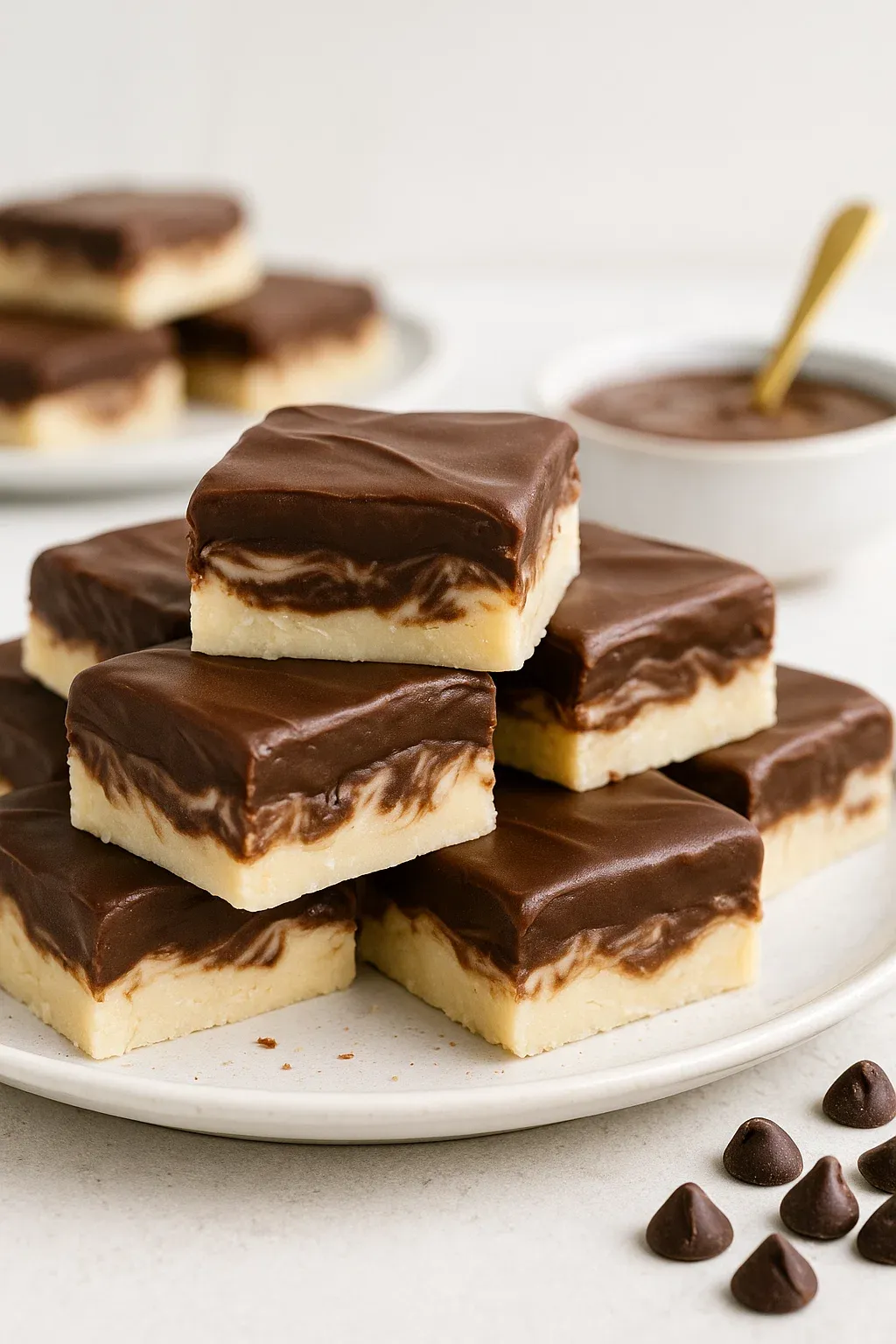 A stack of chocolate and caramel desserts.