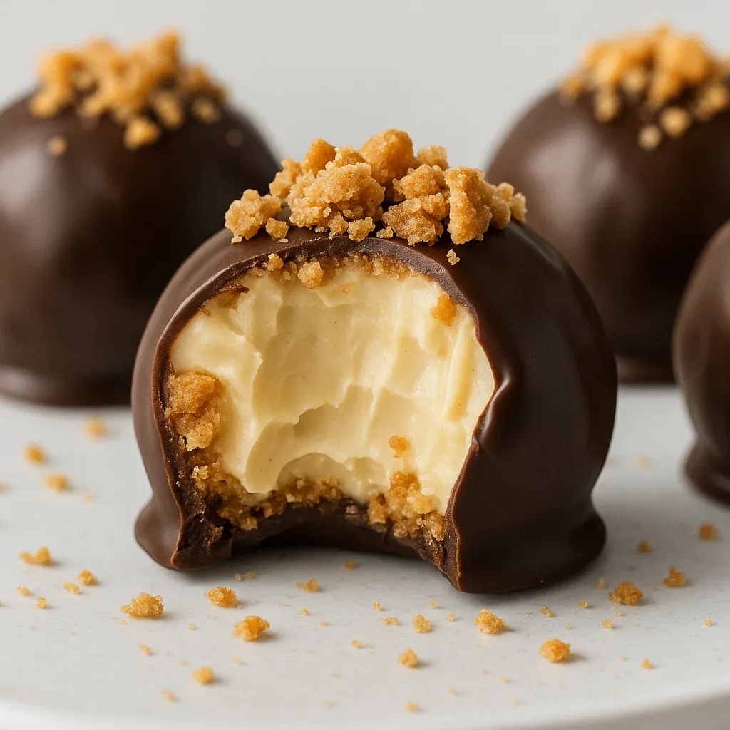 A chocolate covered ball with a bite taken out of it.