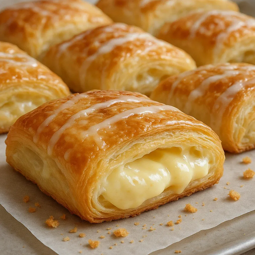 A tray of croissants with white icing.