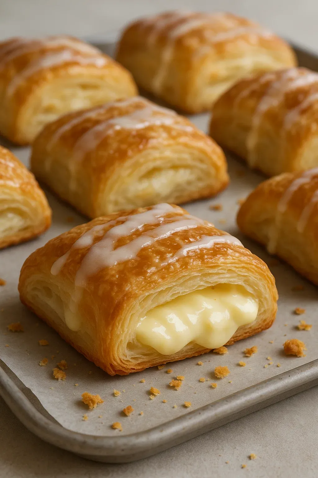 A pastry with white frosting and a yellow filling.