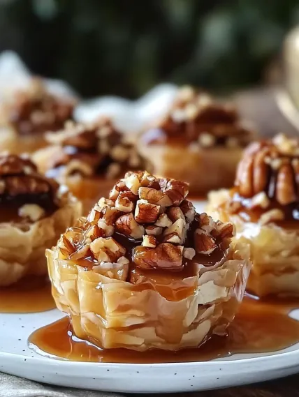A pecan pie with a drizzle of caramel sauce.