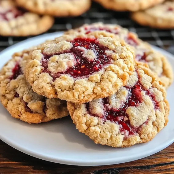 A plate of cookies with red jam.