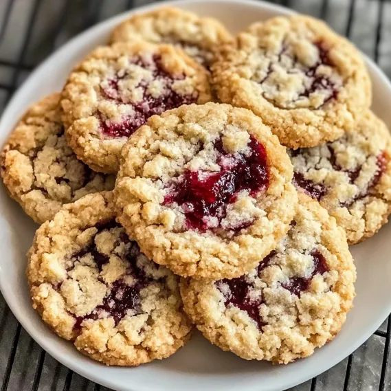 A plate of cookies with a red jam filling.