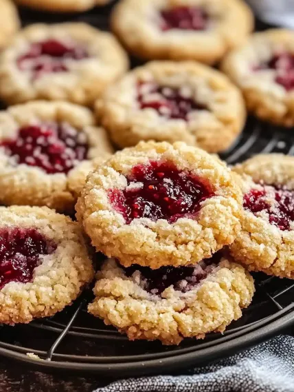 A plate of cookies with red jam in the middle.
