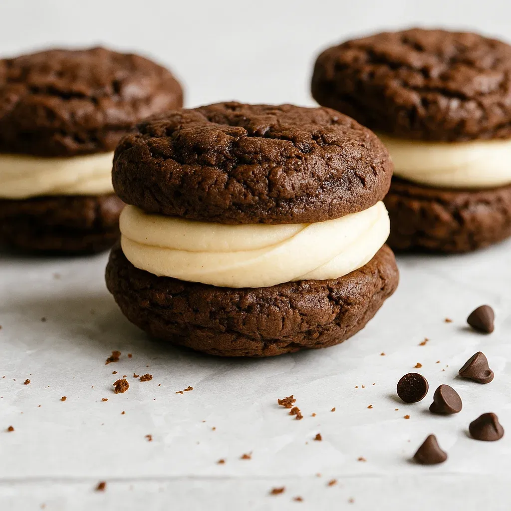 Three chocolate chip cookies on a table.