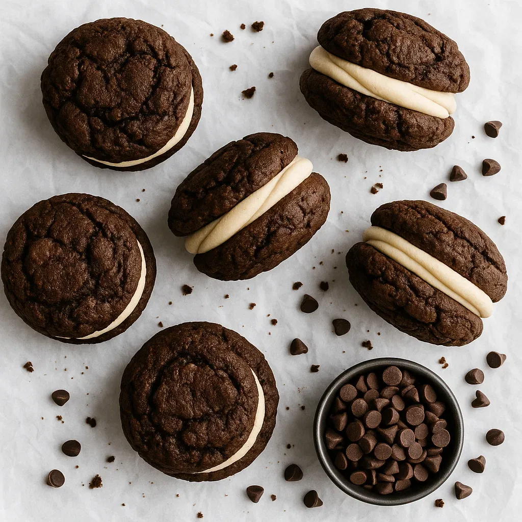 Chocolate chip cookies with white frosting.