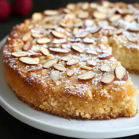 A slice of cake with almonds on top.