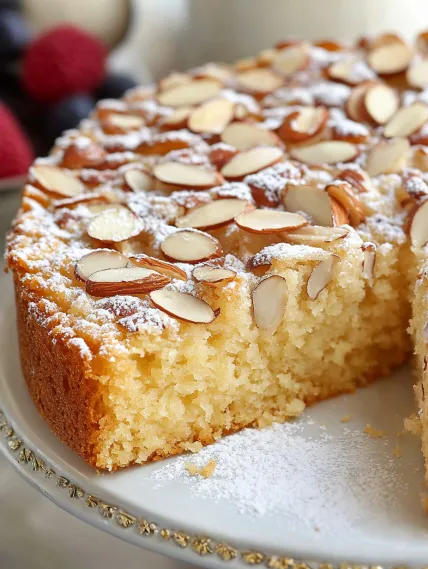 A slice of cake with almonds on top.