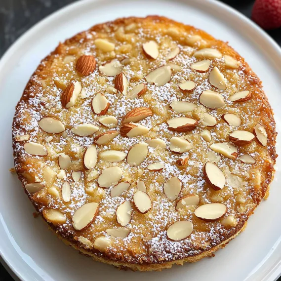 A slice of cake with almonds and powdered sugar.