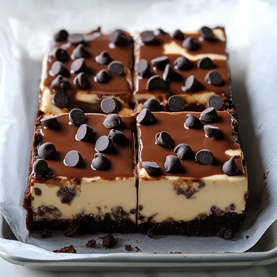 A square of chocolate cake with chocolate chips.