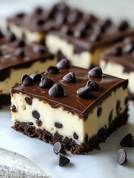 A square of chocolate cake with chocolate chips.
