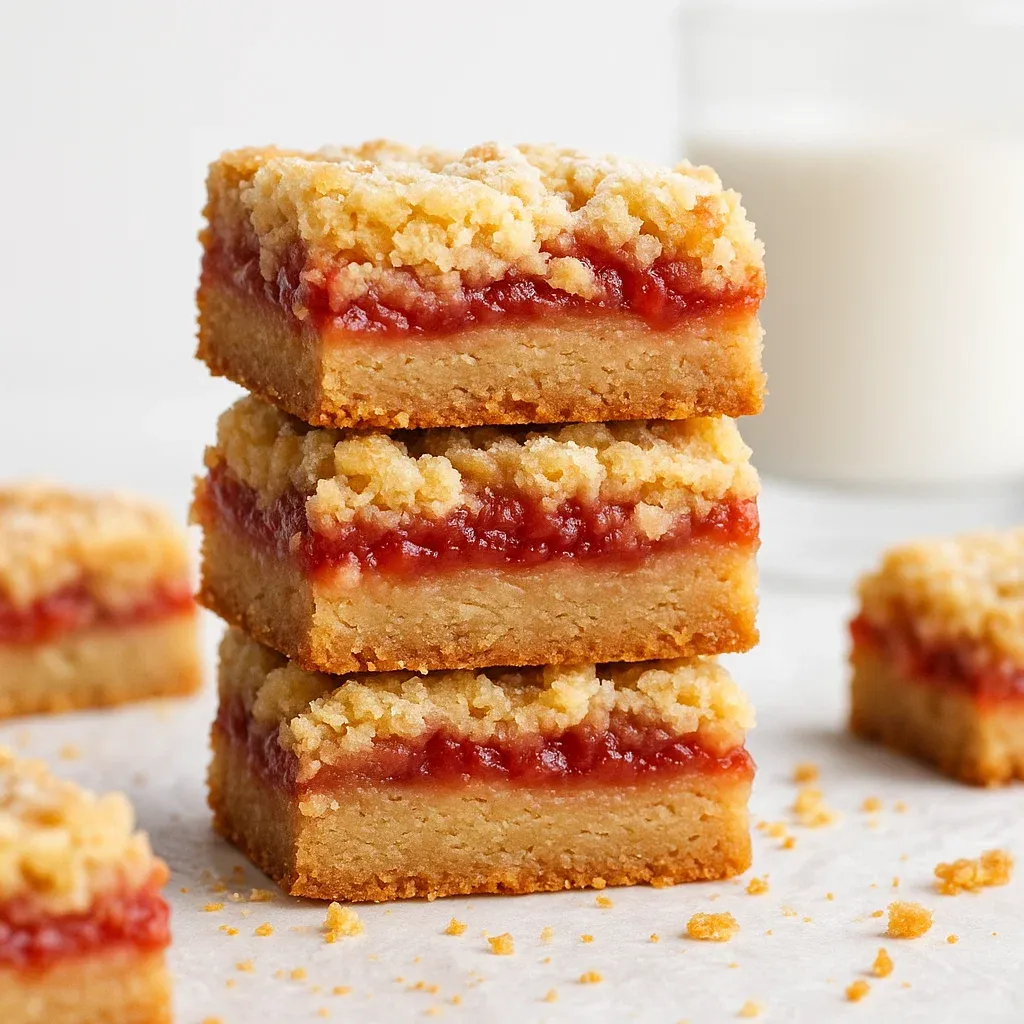 A stack of dessert bars with a glass of milk.