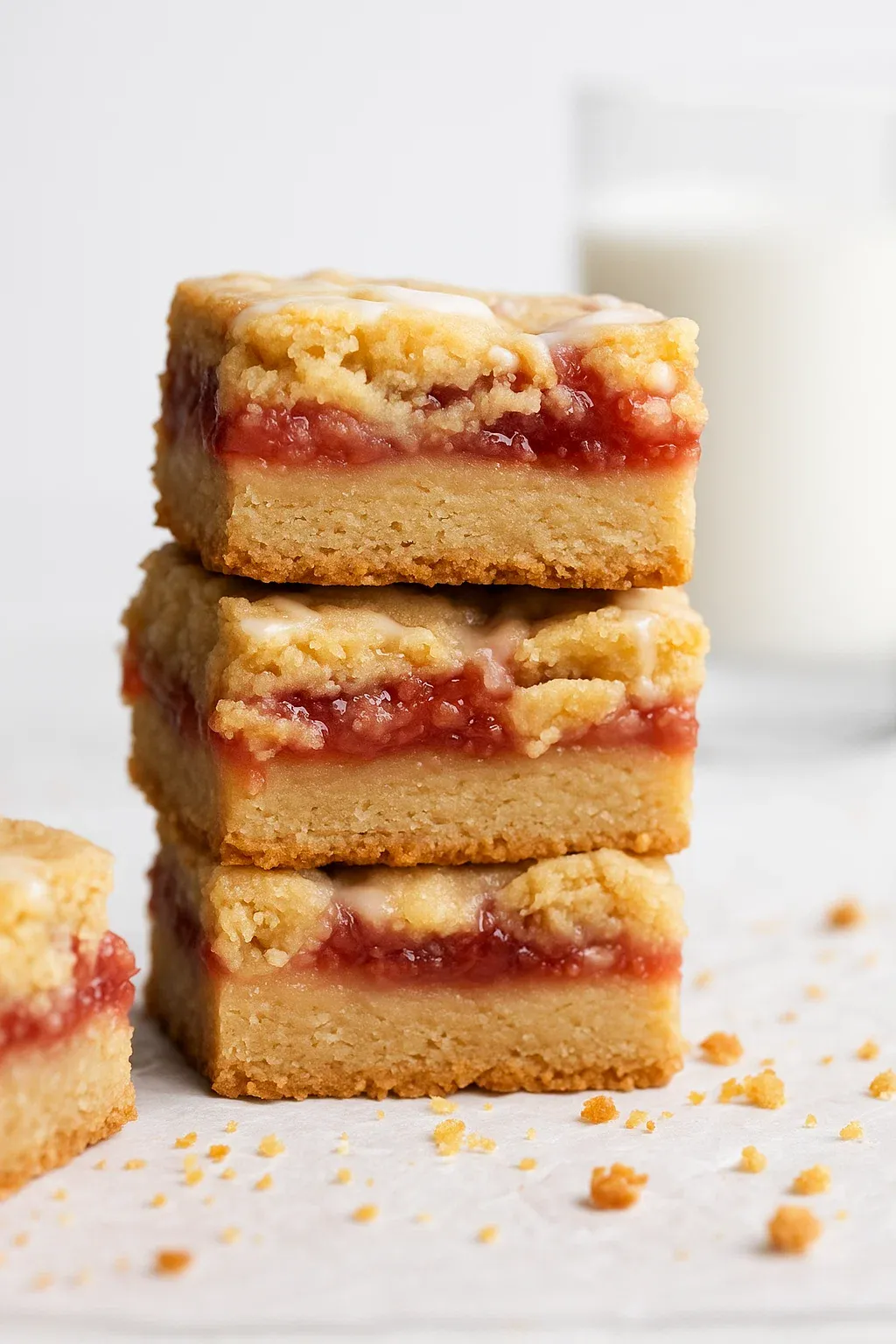 A stack of three dessert bars with white frosting and red jam.