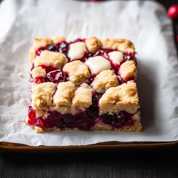 A square of cake with white frosting and berries.