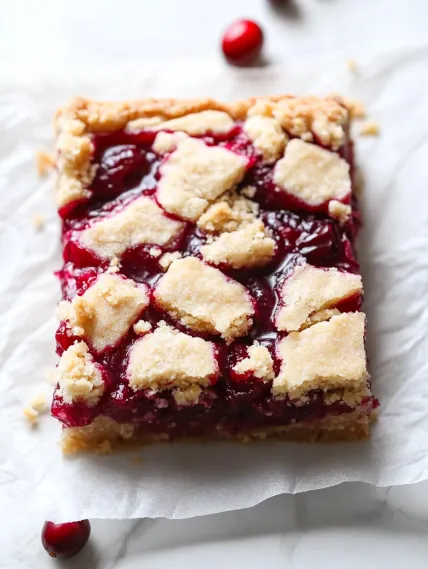 A square of cake with berries on top.