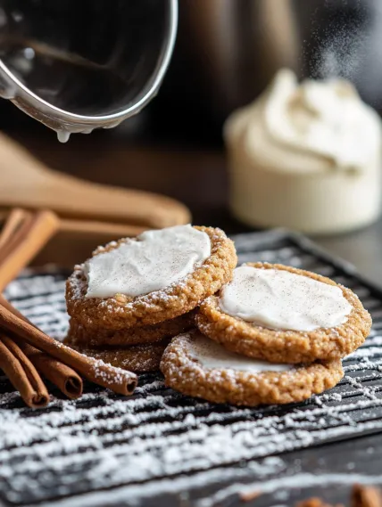 A stack of cookies with white frosting.