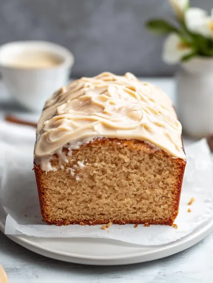 A loaf of bread with a white frosting on top.