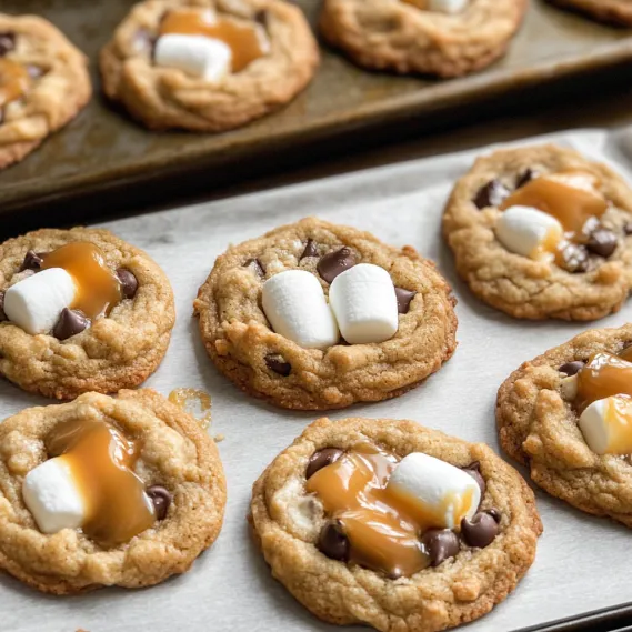 Marshmallows and chocolate chips on a cookie.