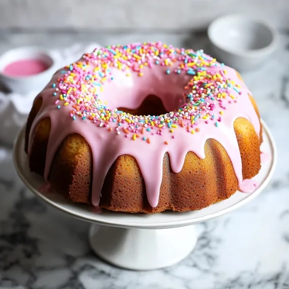 A cake with pink frosting and sprinkles on a plate.