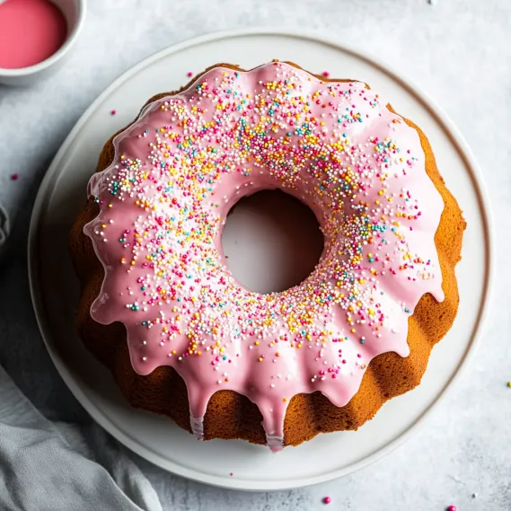 A cake with pink frosting and sprinkles.