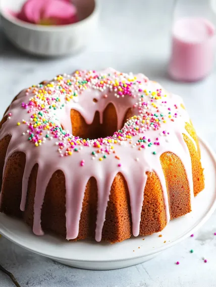 A cake with pink frosting and sprinkles.