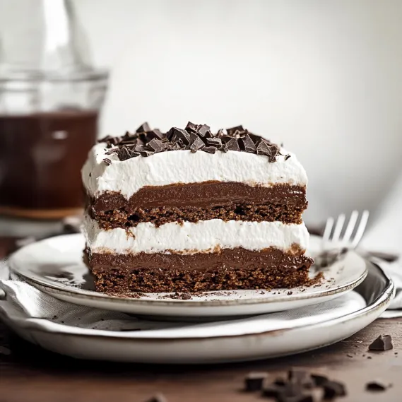 A slice of chocolate cake with white frosting.