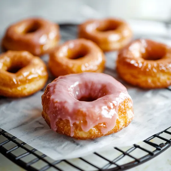 A plate of doughnuts with a pink frosting doughnut in the center.