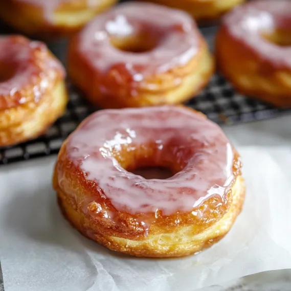 A glazed donut on a cooling rack.