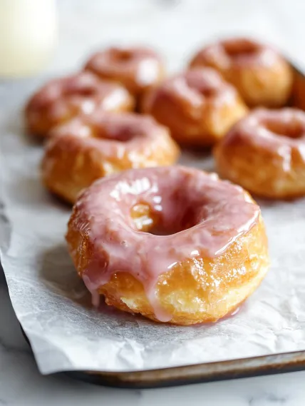 A glazed donut with pink frosting.