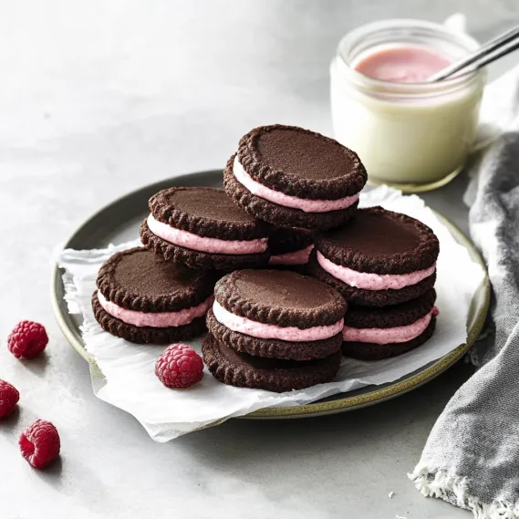 A plate of chocolate and pink cookies.