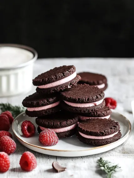 A stack of chocolate chip cookies with pink frosting.