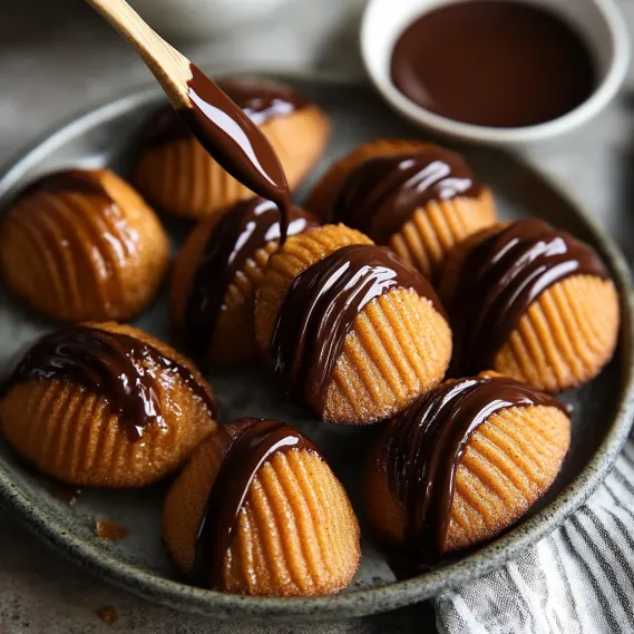 Chocolate drizzled over a plate of pastries.