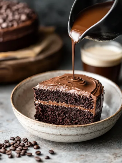 A slice of chocolate cake with chocolate sauce drizzled on top.