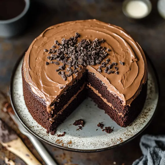 A slice of chocolate cake on a plate.