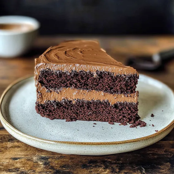 A slice of chocolate cake on a plate.