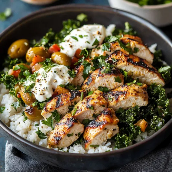 A bowl of food with rice, chicken, and vegetables.